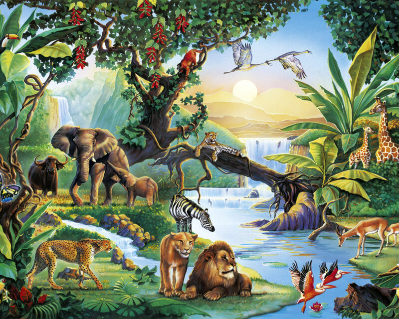Safari Animals at Watering Hole — Green