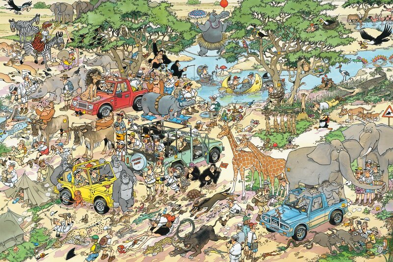Safari chaos with animals and tourists