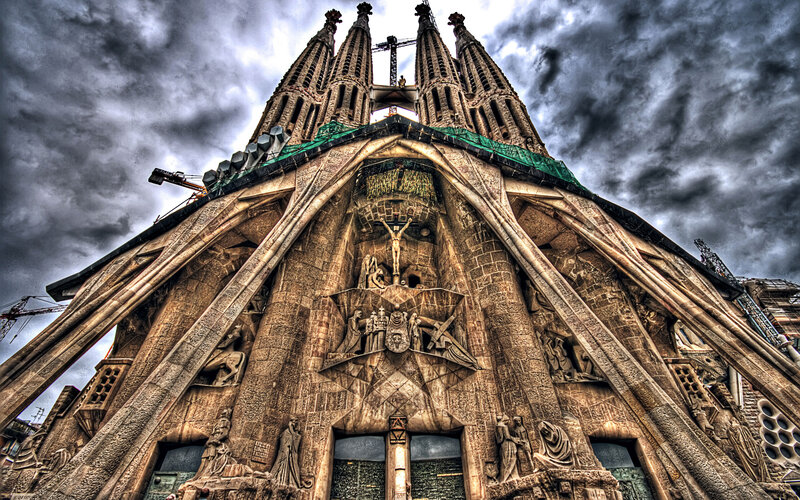 Sagrada Familia Facade — Gray, Dramatic, Photograph