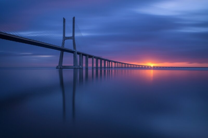 Sagres Bridge at Sunset — Blue, Serene, Photograph