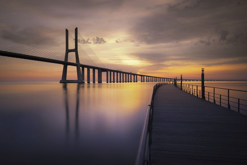 Sagres Bridge at Sunset — Orange, Serene, Photograph