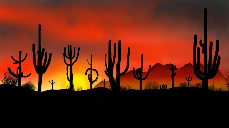 Saguaro Cacti at Sunset — Red, Dramatic, Digital Art