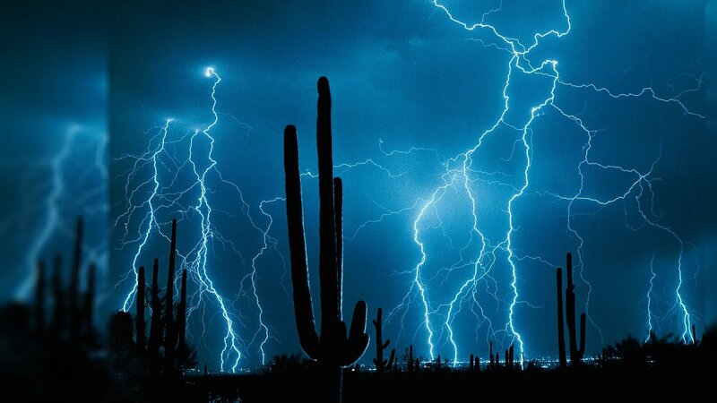 Saguaro Cacti During Storm — Blue, Dramatic, Night, Photograph, Lightning, Cactus, Desert