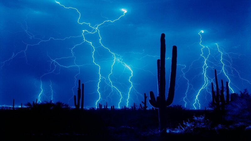 Saguaro Cacti During Storm — Blue, Dramatic, Night, Photograph, Lightning, Cactus
