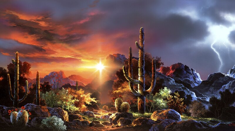Saguaro Cacti in Desert — Orange, Dramatic