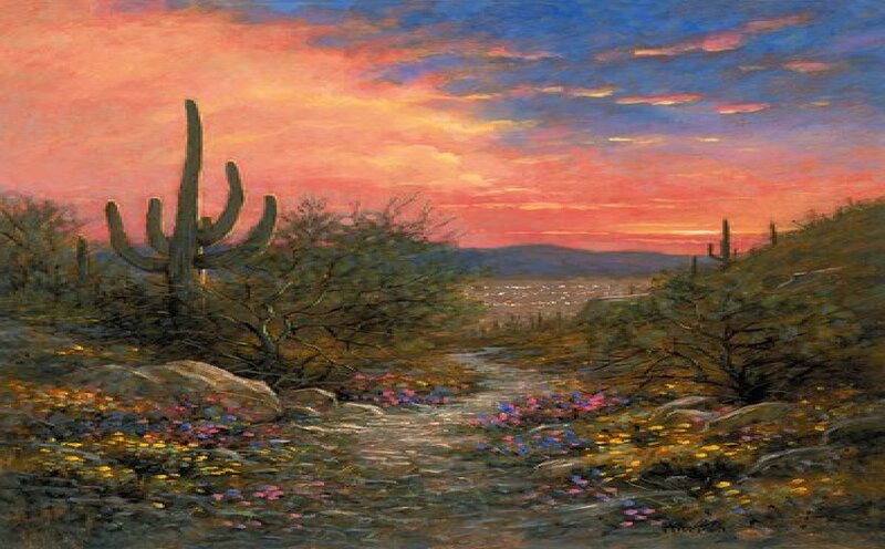 Saguaro Cactus at Sunset — Orange, Serene, Painting
