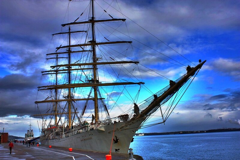 Sail training ship at port