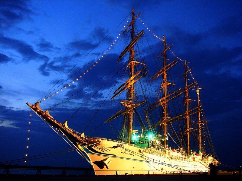 Sail Training Ship — Blue, Dramatic, Night