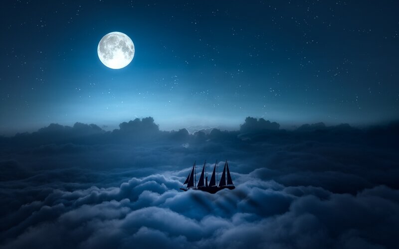Sailboat Above Clouds — Blue, Serene, Night