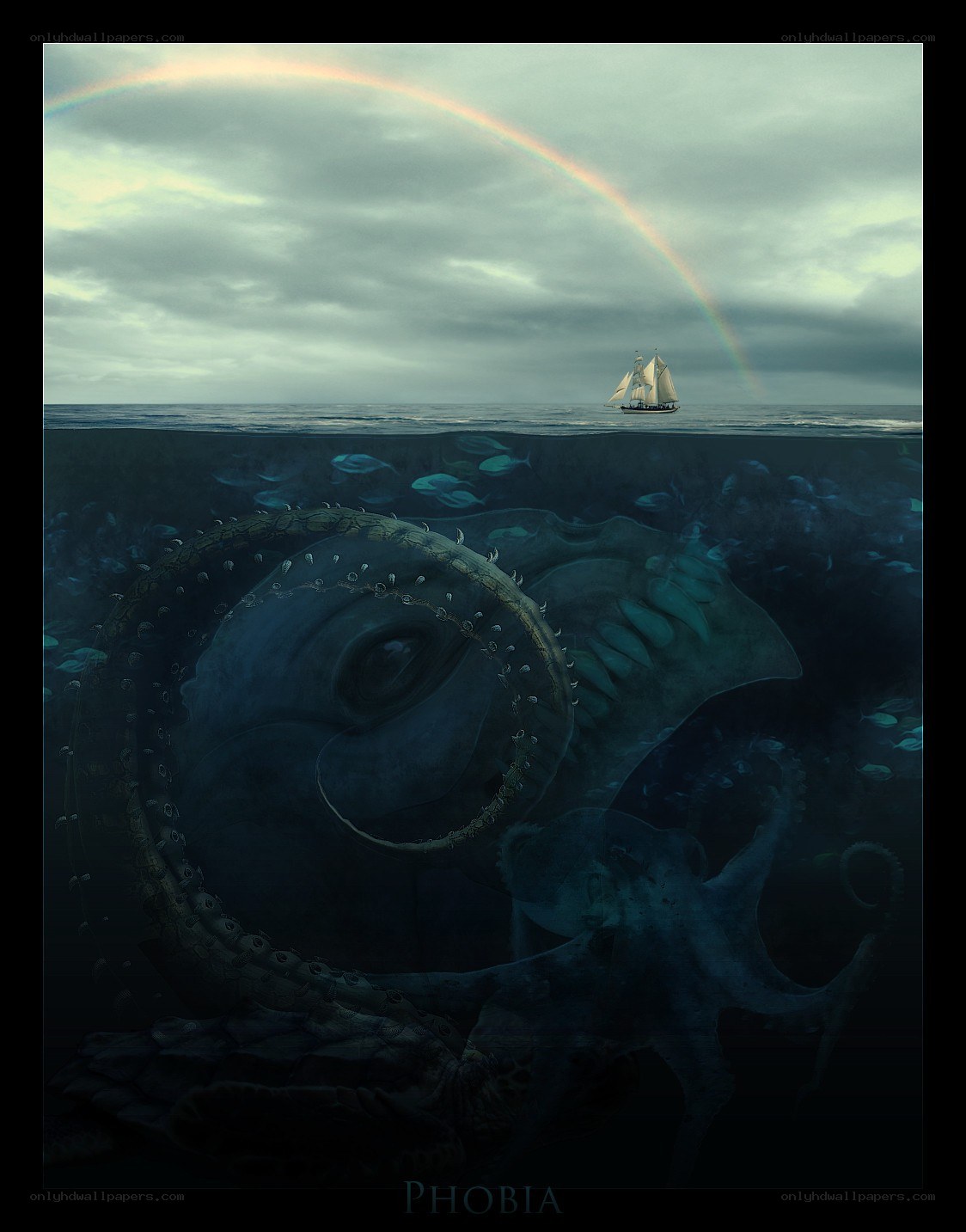 Sailboat and sea monster