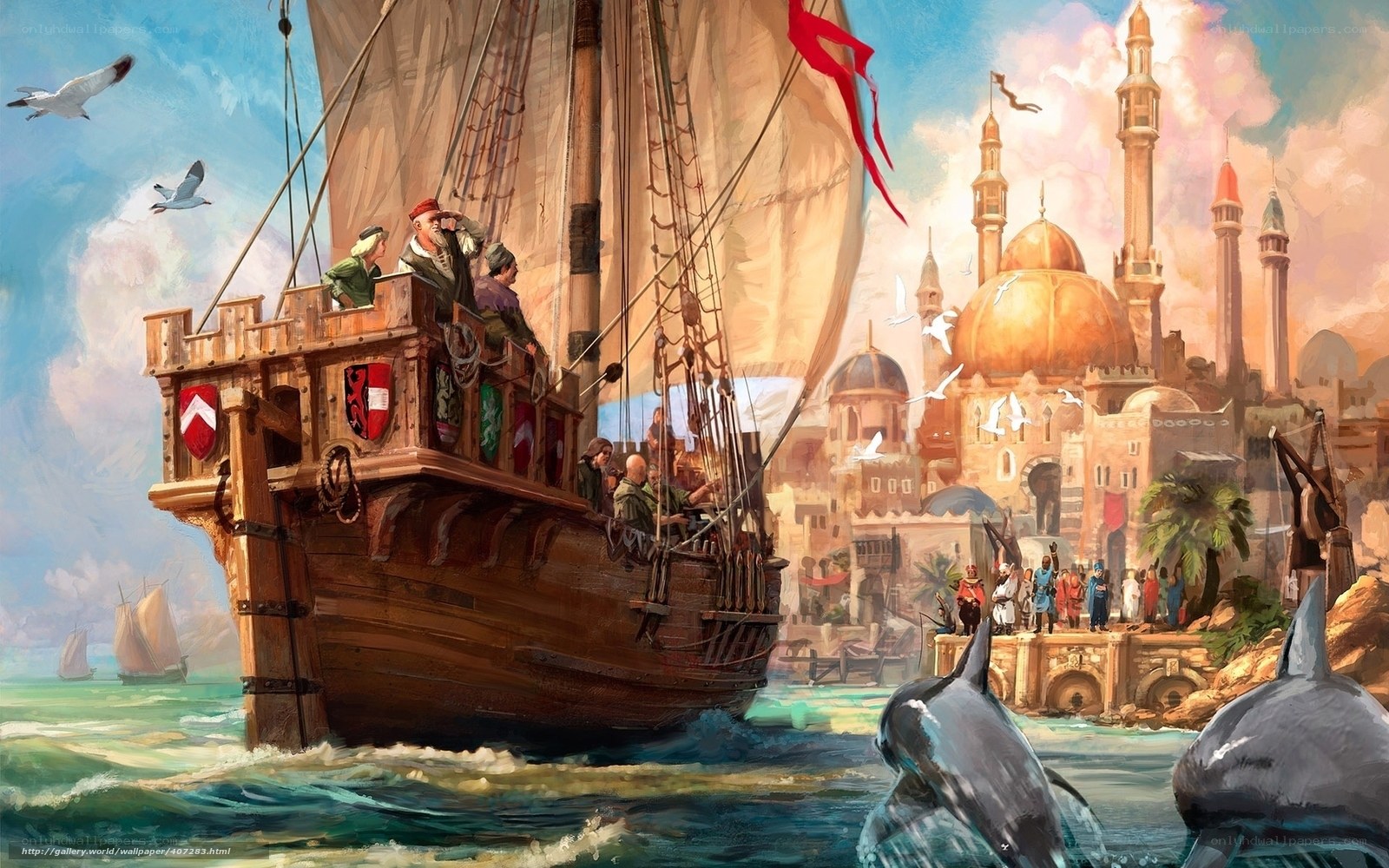 Sailboat approaching a coastal city