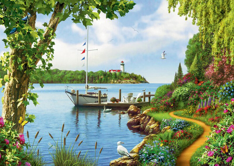 Sailboat at Dock — Blue, Serene, Afternoon, Illustration, Lighthouse