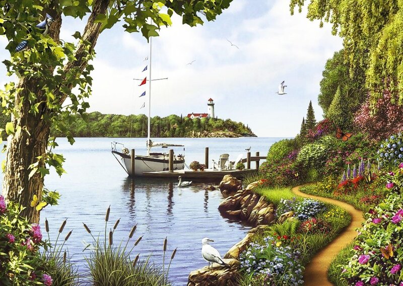 Sailboat at Dock — Blue, Serene, Afternoon, Illustration