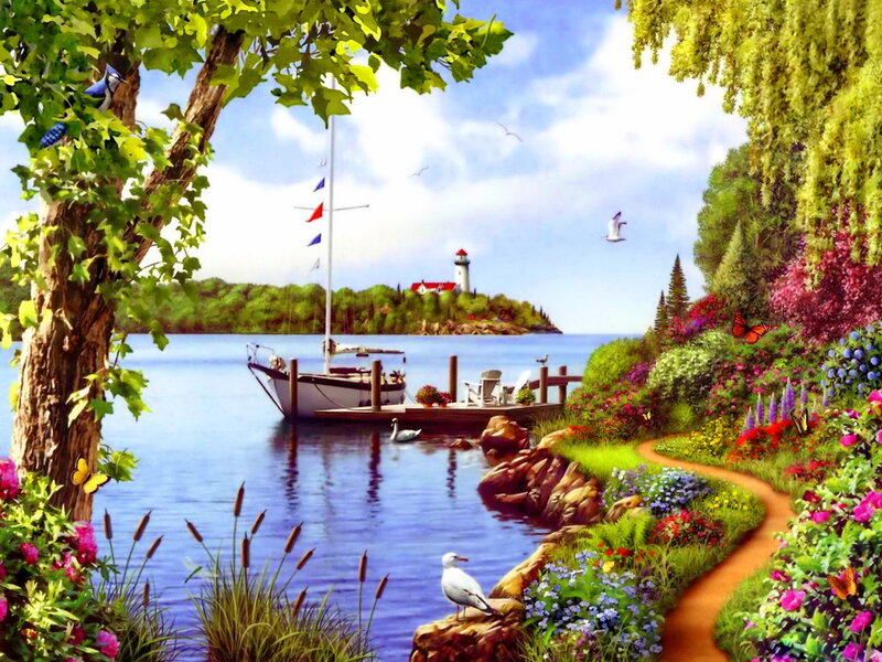 Sailboat at Dock — Blue, Serene, Afternoon, Painting, Lighthouse, Butterfly