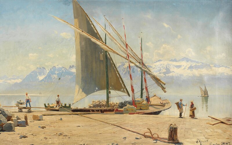 Sailboat at Dock — Blue, Serene, Afternoon, Painting, People