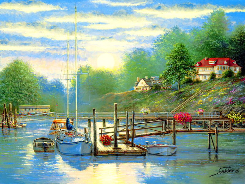 Sailboat at Dock — Blue, Serene, Sunset, Painting