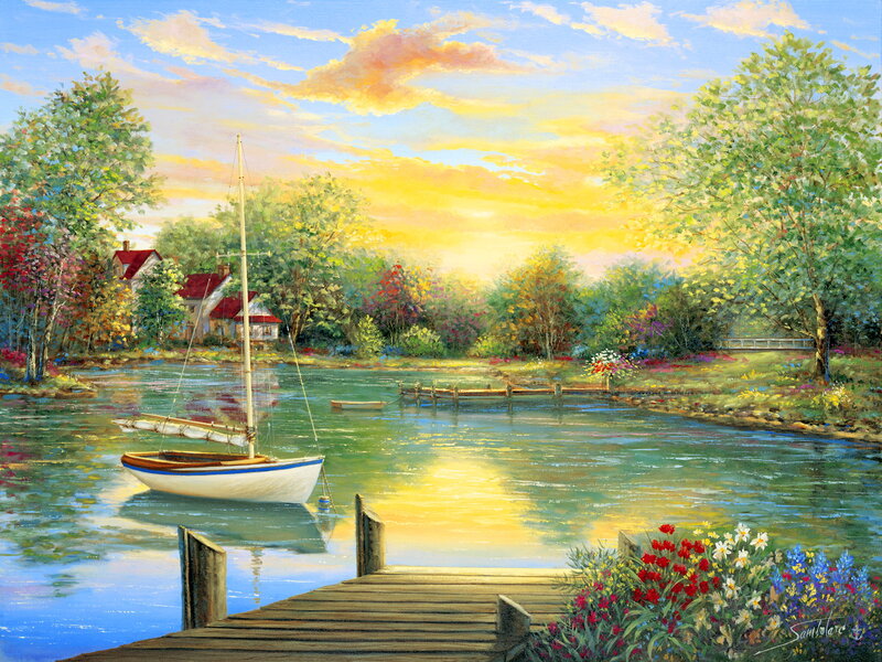 Sailboat at Dock — Blue, Serene, Sunset