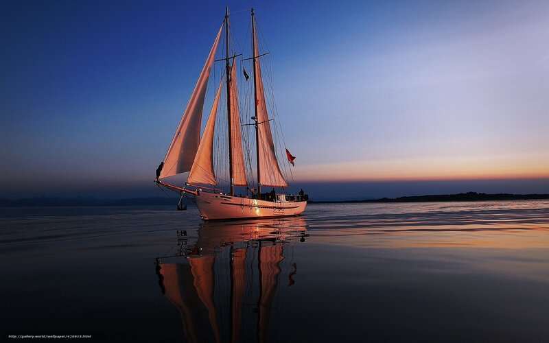 Sailboat at Dusk — Blue, Serene, Sunset, Photograph, Sails