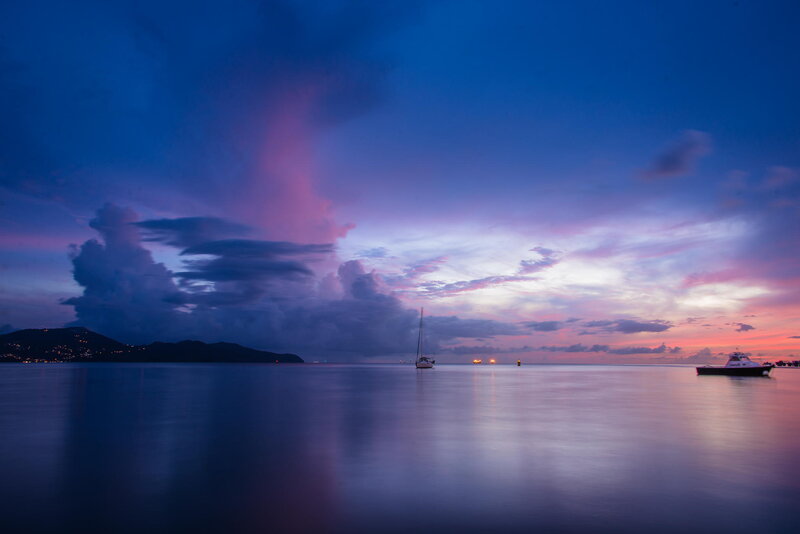 Sailboat at Dusk — Blue, Serene, Sunset, Photograph