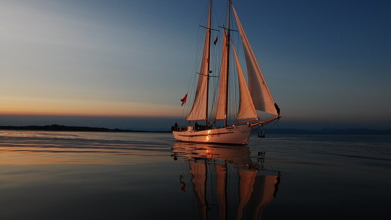 Sailboat at Dusk — Blue, Serene, Sunset