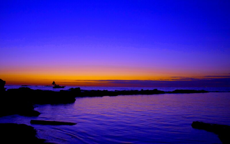 Sailboat at Dusk — Blue, Serene
