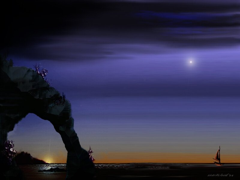 Sailboat at dusk by a rock arch