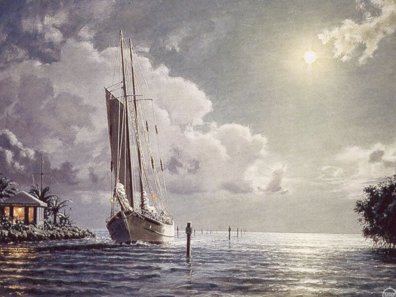 Sailboat at dusk near a cottage