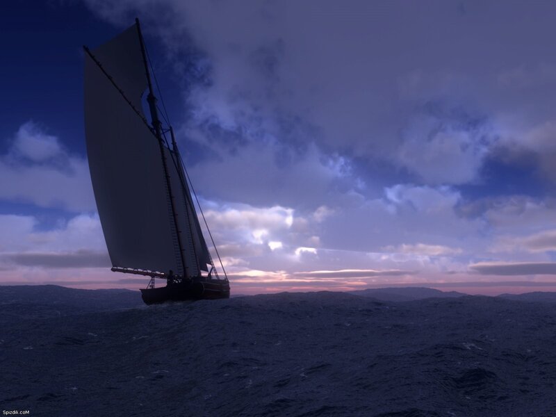 Sailboat at dusk on the open sea