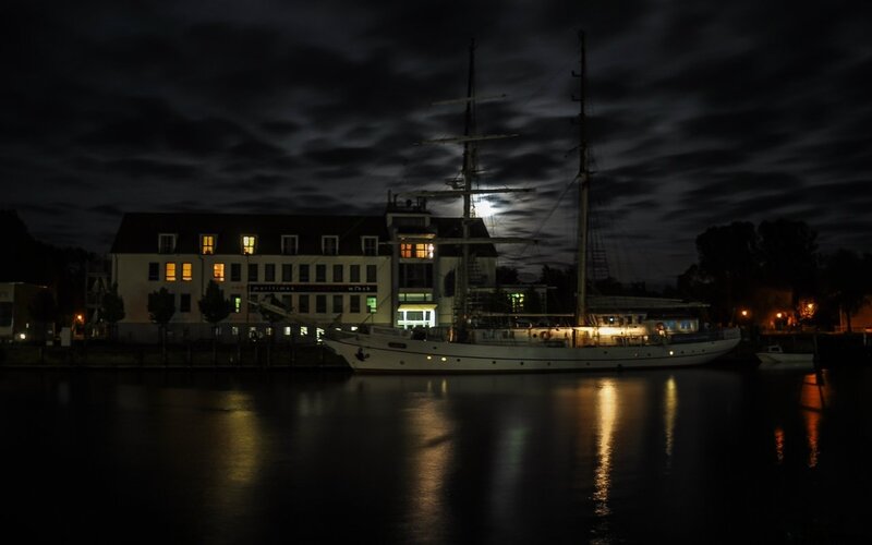 Sailboat at Night — Black, Calm, Photograph