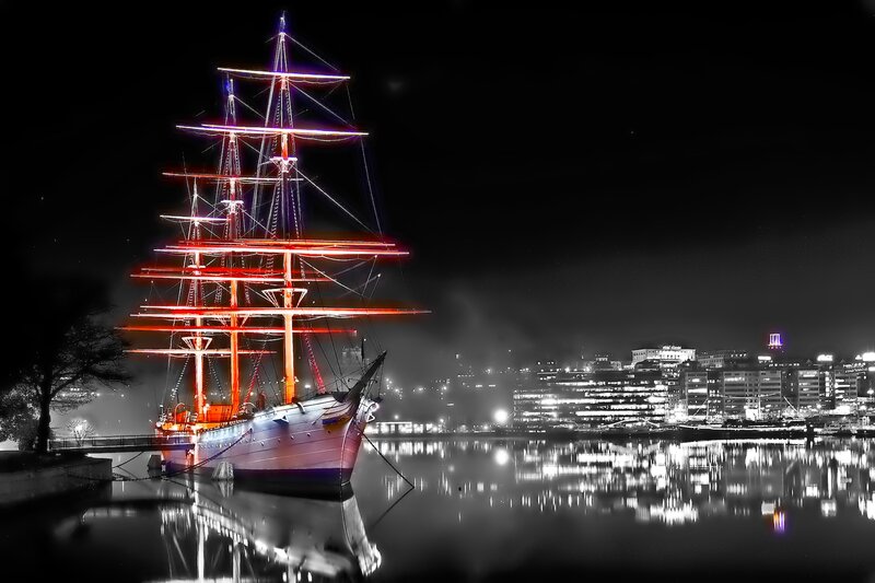 Sailboat at Night — Black, Dramatic, Photograph, City Skyline