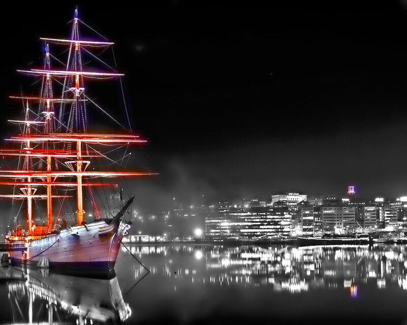 Sailboat at Night — Black, Dramatic, Photograph, City Skyline, Water