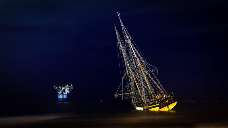 Sailboat at Night — Black, Dramatic, Photograph, Shipwreck
