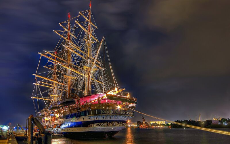 Sailboat at Night — Blue, Dramatic, Photograph, Dock