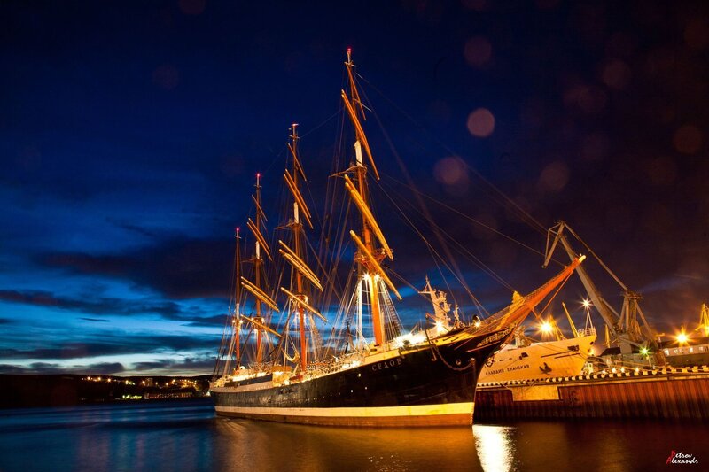Sailboat at Night — Blue, Dramatic, Photograph, Ship, Crane