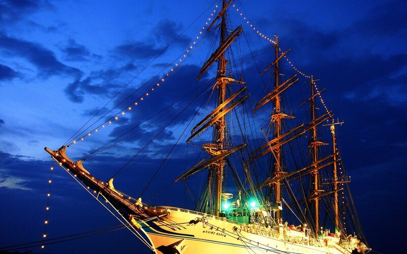 Sailboat at Night — Blue, Dramatic, Photograph, Ship, Masts