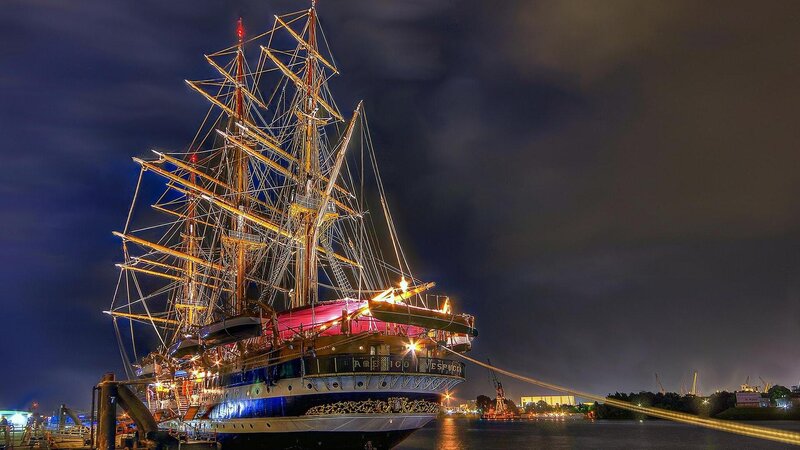 Sailboat at Night — Blue, Dramatic, Photograph, Ship