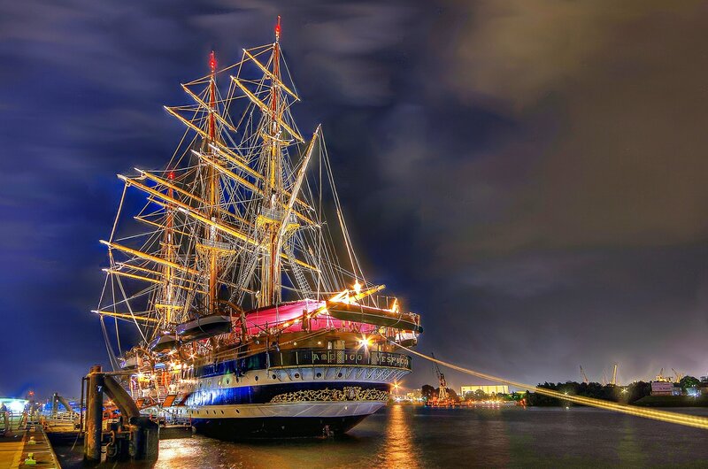 Sailboat at Night — Blue, Dramatic, Photograph