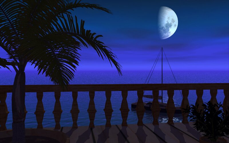 Sailboat at Night — Blue, Serene, 3d Render, Palm Tree