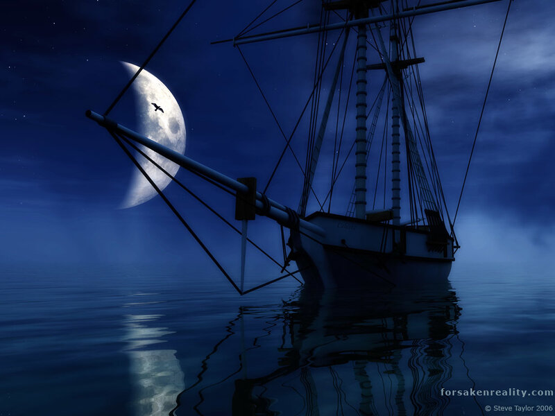 Sailboat at Night — Blue, Serene, Digital Art, Moon, Bird