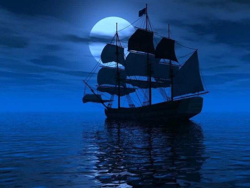 Sailboat at Night — Blue, Serene, Digital Art, Moon
