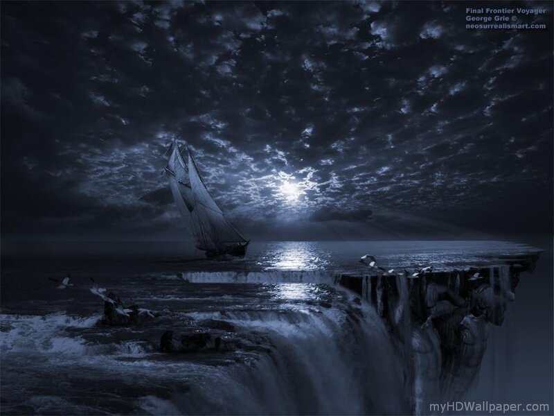 Sailboat at Night Near Waterfall