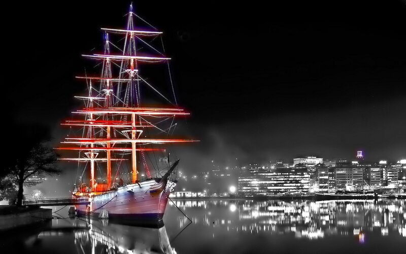 Sailboat at Night — Red, Dramatic, Photograph, City Skyline