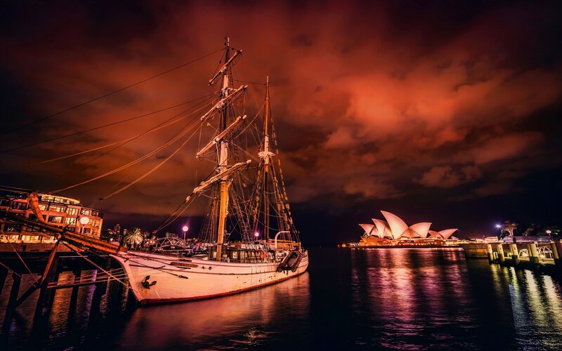 Sailboat at Night — Red, Dramatic, Photograph, Sydney Opera House