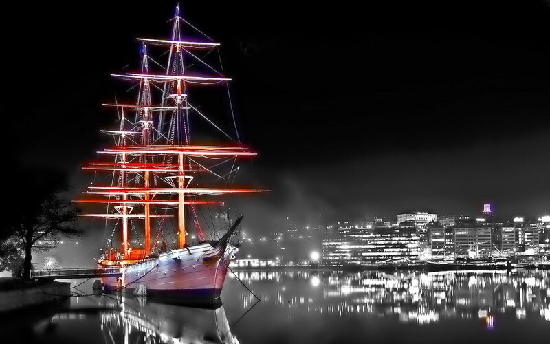 Sailboat at Night — Red, Dramatic, Photograph