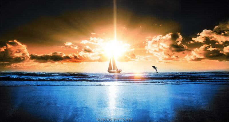 Sailboat at Sunset — Blue, Dramatic, Digital Art, Dolphin