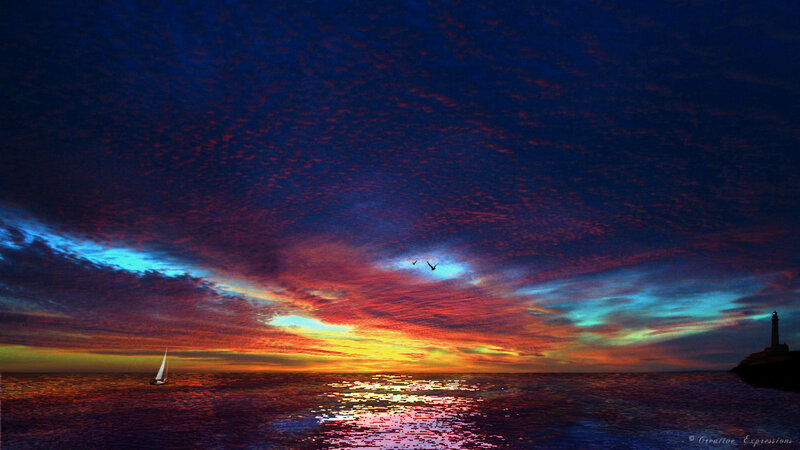 Sailboat at Sunset — Blue, Dramatic, Digital Art