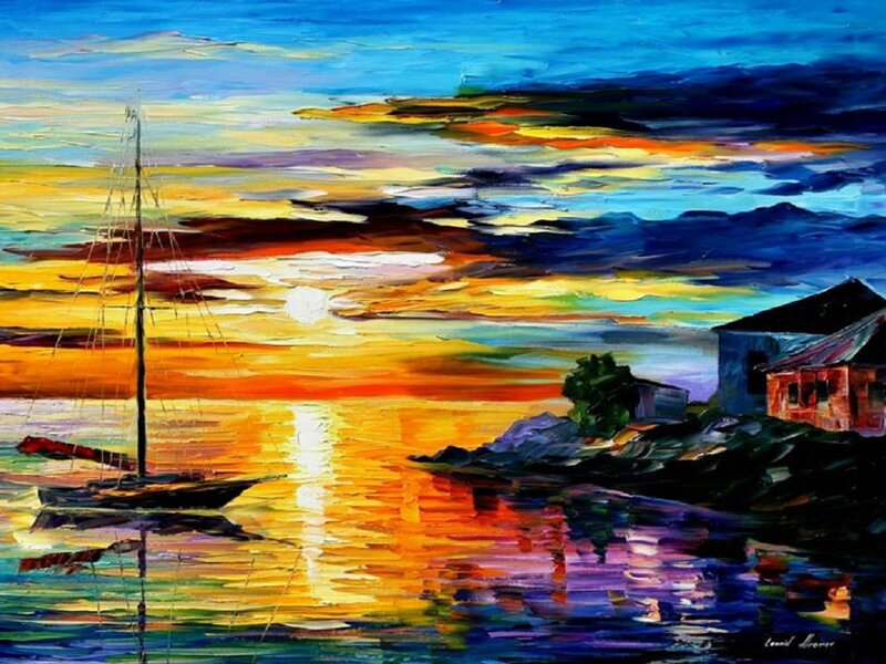 Sailboat at Sunset — Blue, Dramatic, Painting, House