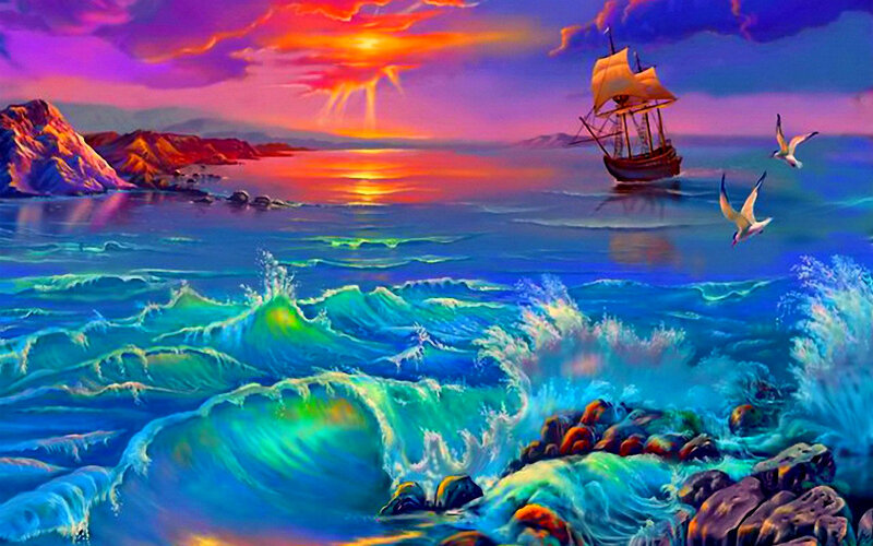 Sailboat at Sunset — Blue, Dramatic, Painting