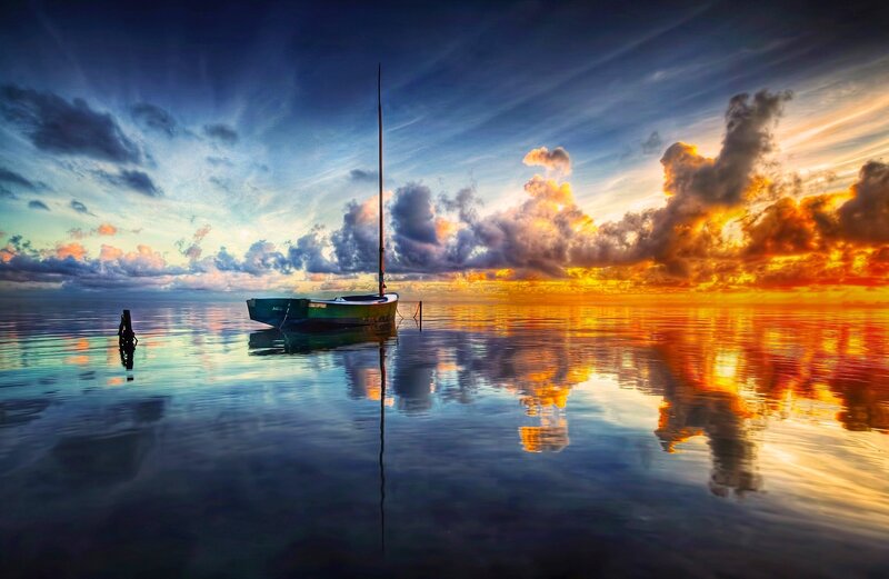 Sailboat at Sunset — Blue, Dramatic, Photograph, Boat