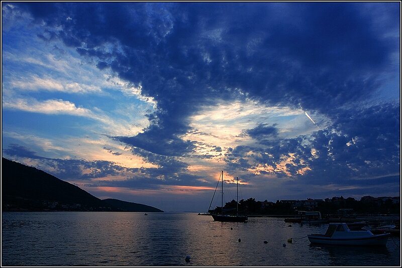 Sailboat at Sunset — Blue, Dramatic, Photograph, Boats